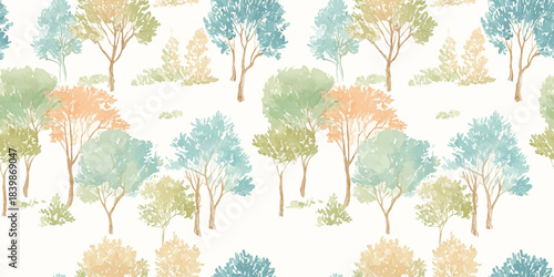 Delicate watercolor spring forest tree seamless pattern for gentle fabrics, wallpapers, and ethereal stationery