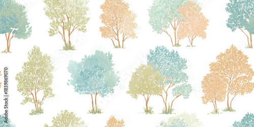 Delicate watercolor spring forest tree seamless pattern for gentle fabrics, wallpapers, and ethereal stationery