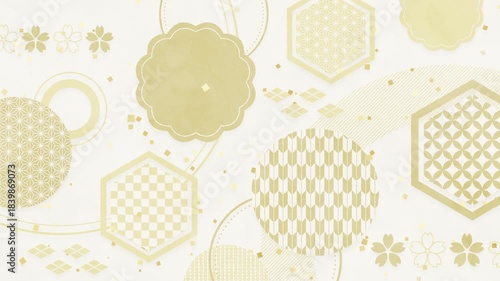 矢絣・七宝・麻の葉・市松などの文様がゆっくり浮かびあがり金箔が降る和モダンな背景/金色