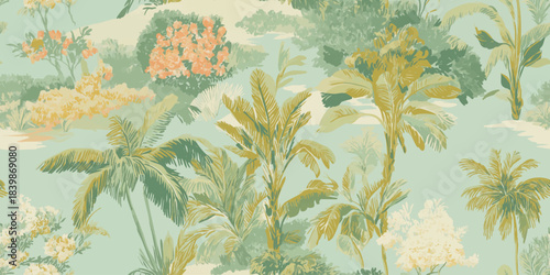 Tropical palm and exotic floral jungle landscape seamless pattern for vibrant fabrics, luxury wallpapers, and bold branding