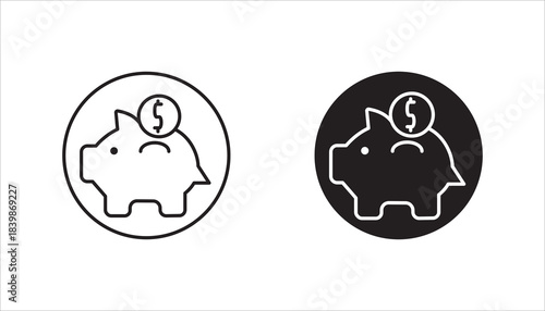 Piggy bank, linear style icon. Piggy bank with a coin being inserted. Editable stroke width.
