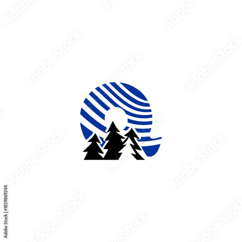 A clean pine forest silhouette blended with a bold alphabet background. Ideal for nature brands, outdoor adventure logos, camping identity, and minimalist eco-themed monograms.