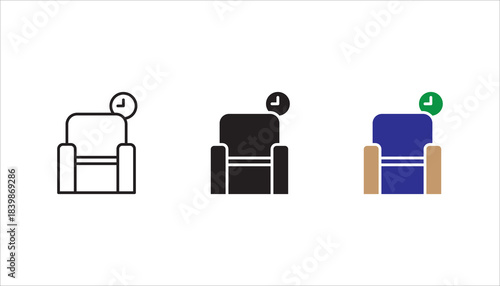 Waiting area, linear style icon set, Chair with a clock, indicating a waiting area. Editable stroke width.