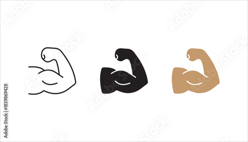 Linear Hand icon set, strong arm of an athlete, Muscle icon, biceps icon, Bodybuilding and fitness concept.