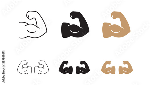 Linear Hand icon set, strong arm of an athlete, Muscle icon, biceps icon, Bodybuilding and fitness concept.