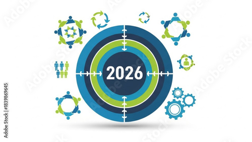 Vision 2026: An abstract business graphic featuring a target with the year 2026 at its core, encircled by symbolic elements of teamwork, growth, and collaboration.