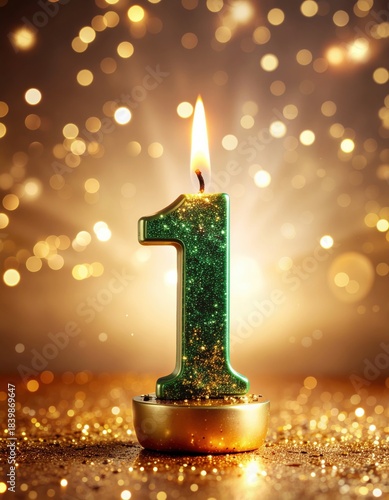 A vibrant green birthday candle shaped like the number one, glowing warmly amidst a sparkling golden background.