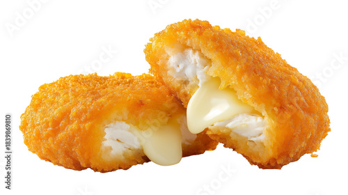 Crispy golden fried fish finger cut open revealing flaky white fish and molten creamy cheese filling on black