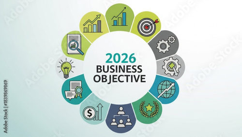 Strategic Vision 2026: An illustrated representation of the objectives for 2026, combining data-driven charts and insightful symbols. Showcasing the interconnectedness of strategy, innovation.
