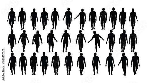 a collection of diverse human figures depicted in black arranged in rows and columns as a striking silhouette