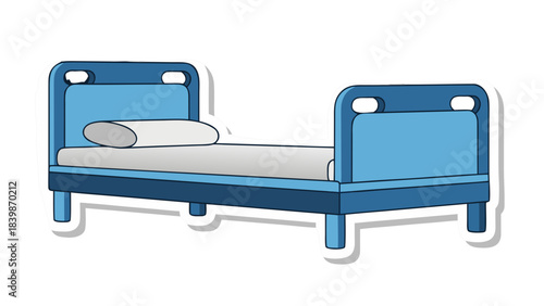 Simple Blue Hospital Bed With White Pillow and Gray Mattress On Black Background In A Room