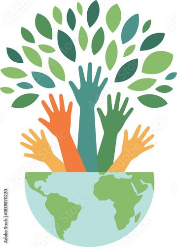 Diverse hands reaching up from globe forming a tree with green leaves earth planet