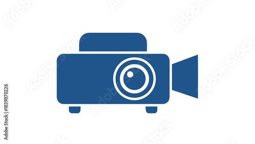 Simple Blue Icon of a Video Camera with Lens and Body on a Black Background