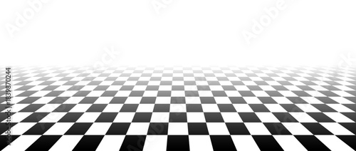 Black and white checkerboard floor in perspective. Fading checkered tile pattern background. Vintage empty room checker stage. Vanishing retro chess board grid plane surface. Vector ballroom floor