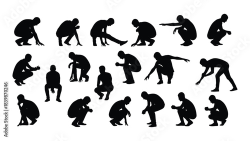 a collection of diverse human figures depicted in various dynamic poses presented as a striking black silhouette