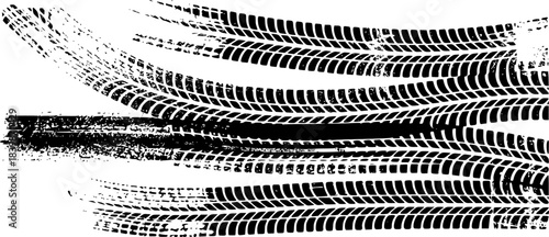 Black Tire Tracks and Grunge Texture on White Background