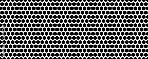 Black seamless hexagon pattern. Repeating honeycomb texture background. Geometric hexagonal halftone tech overlay backdrop. Abstract repeated hex texture. Vector retro technology dot wallpaper