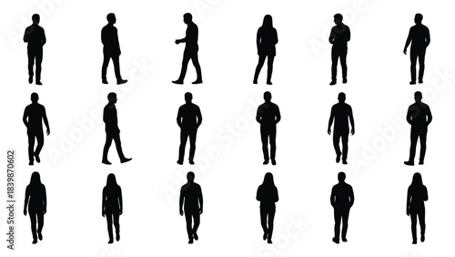 a collection of human figures in various poses displayed as dark outlines against a bright background silhouette