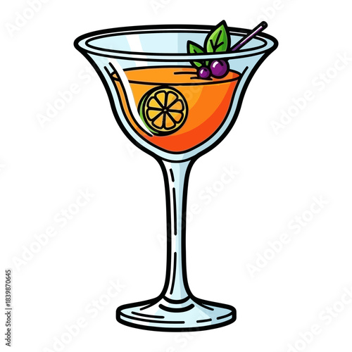Stylized orange cocktail with garnish and slice of citrus isolated on white background silhouette