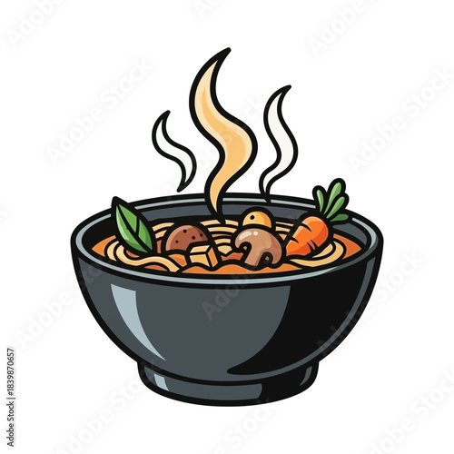 Steaming bowl of noodle soup with vegetables and meatballs isolated on white background silhouette