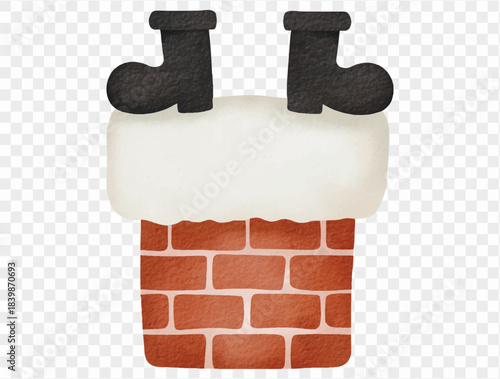 Watercolor chimney with Santa boots cute festive winter holiday illustration Vector.