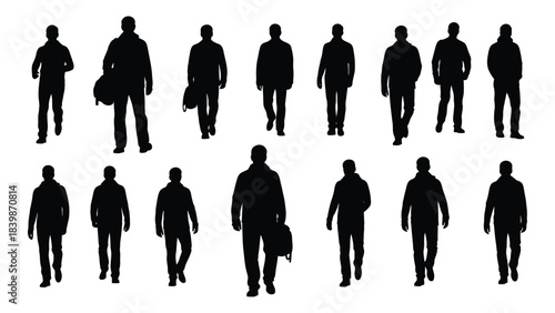 a collection of black silhouettes depicting various walking men in different poses and attire silhouette