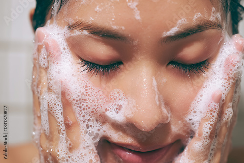 泡で顔全体を洗う若い女性のクローズアップ