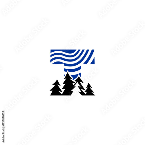 A clean pine forest silhouette blended with a bold alphabet background. Ideal for nature brands, outdoor adventure logos, camping identity, and minimalist eco-themed monograms.