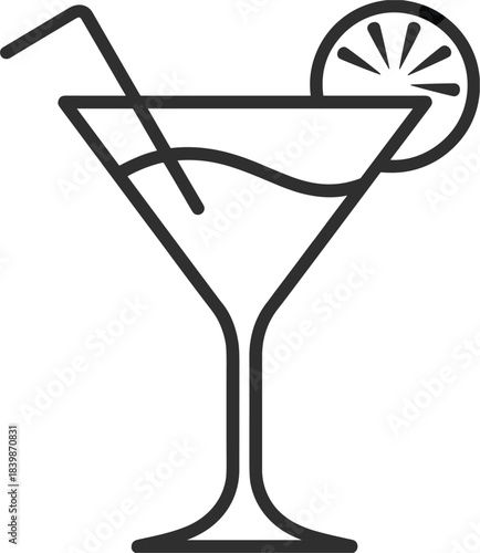 Outline Icon Of A Martini Glass With A Straw And Lemon Slice cocktail drink