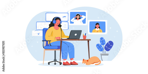 Woman participating in a video conference call while working from home