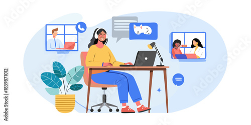Woman working remotely with video calls laptop and multiple screen connections