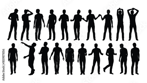a collection of dynamic black human figures in various poses and actions depicted as a striking silhouette