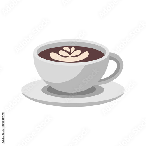 Cup of coffee with latte art. Cartoon vector illustration. Hand drawn Teacup illustration