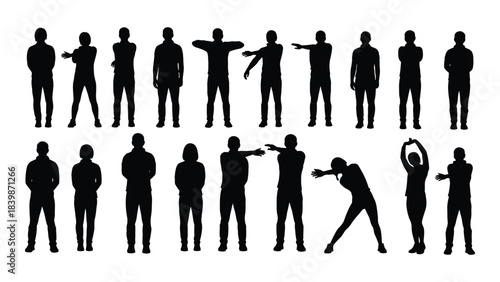A collection of diverse human figures displayed in various poses all presented as a striking black silhouette