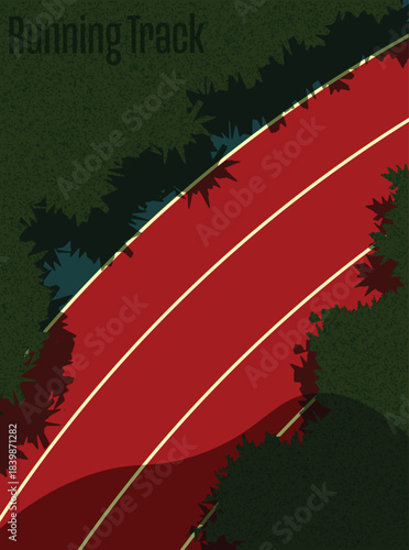 An aerial top view of a running track field with shady trees  