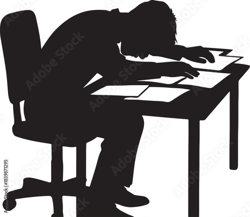 Silhouette of a person slumped over a desk with papers isolated on white background silhouette