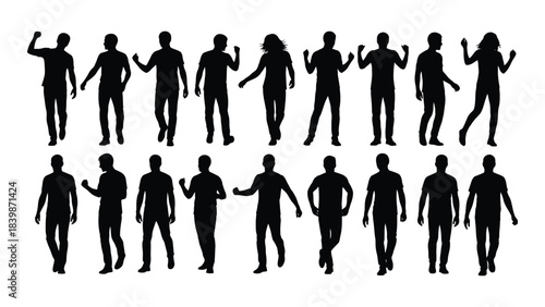 a collection of diverse human figures in various poses depicted as solid black shapes silhouette