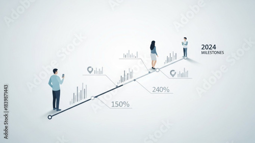 Pathway to Progress: A minimalist illustration depicts a strategic journey of individuals, each navigating through milestones. The image represents growth with charts and the future of 2024.