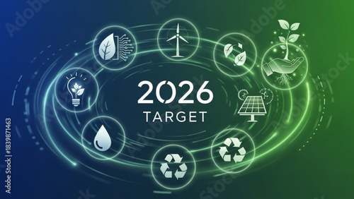 Sustainable Vision: An abstract representation of future with eco-friendly icons forming a cohesive ecosystem, focused on reaching the 2026 targets.