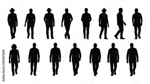 a collection of figures in various poses and attire presented as a striking black silhouette