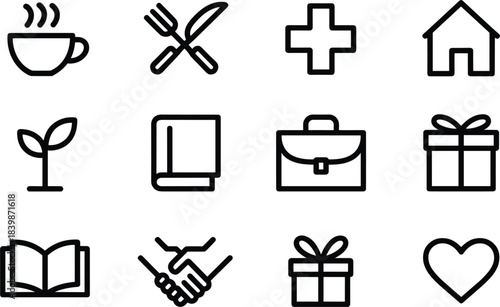 Set of twelve simple line art icons for various concepts collection symbol