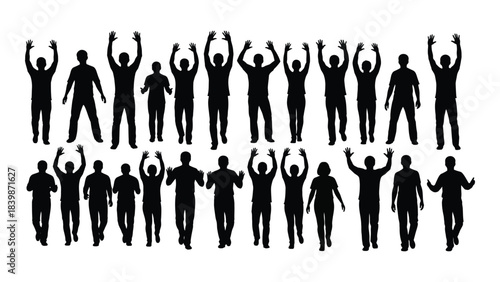 a collection of black silhouettes depicting people with arms raised in celebratory or joyful poses showcasing a unified scene silhouette