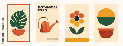 Collection of minimalist botanical expo posters showcasing modern plant illustrations and garden elements