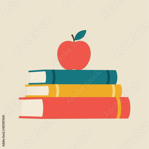 Vibrant illustration of stacked educational books with a crisp red apple symbolizing knowledge and wisdom