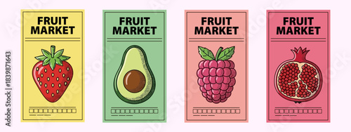 Vibrant illustrated posters showcasing fresh market produce strawberry, avocado, raspberries, pomegranate for healthy eating