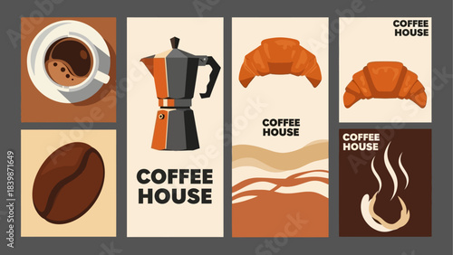 Artistic vector collection for cafes and breakfast spots, featuring coffee, beans, and pastries