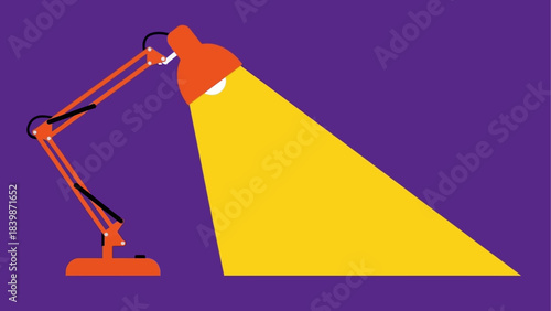 Bright orange desk lamp illuminating a workspace with a strong yellow beam against purple background