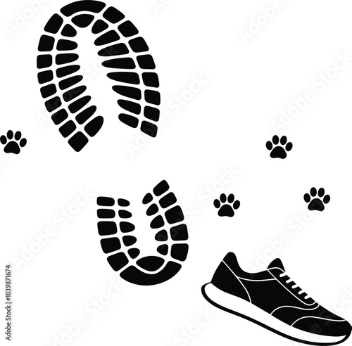 Shoe print and paw prints with a sneaker on a white background footprint dog paw