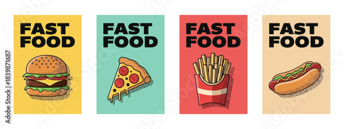 Appetizing assortment of beloved convenient meals, including burger, pizza, fries, and hotdog vector graphics