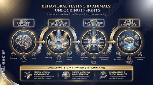Dark premium infographic on behavioral testing in animals illustrating advanced data collection, neural recording and translational research applications